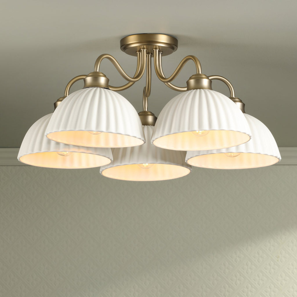 Laura Ashley Durford 5 Light Semi-Flush Matt Antique Brass and White Ceramic LA3756725-Q