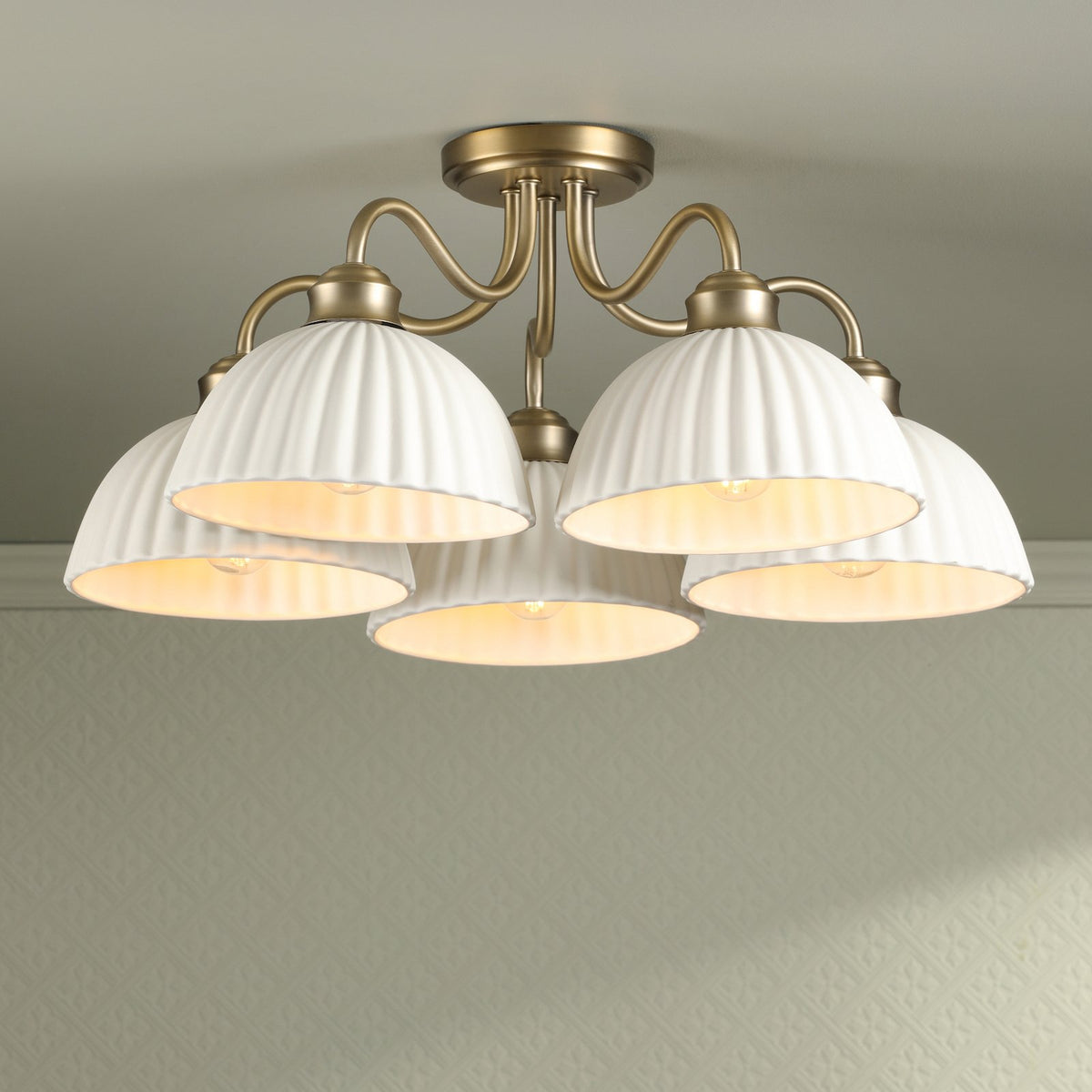 Laura Ashley Durford 5 Light Semi-Flush Matt Antique Brass and White Ceramic LA3756725-Q