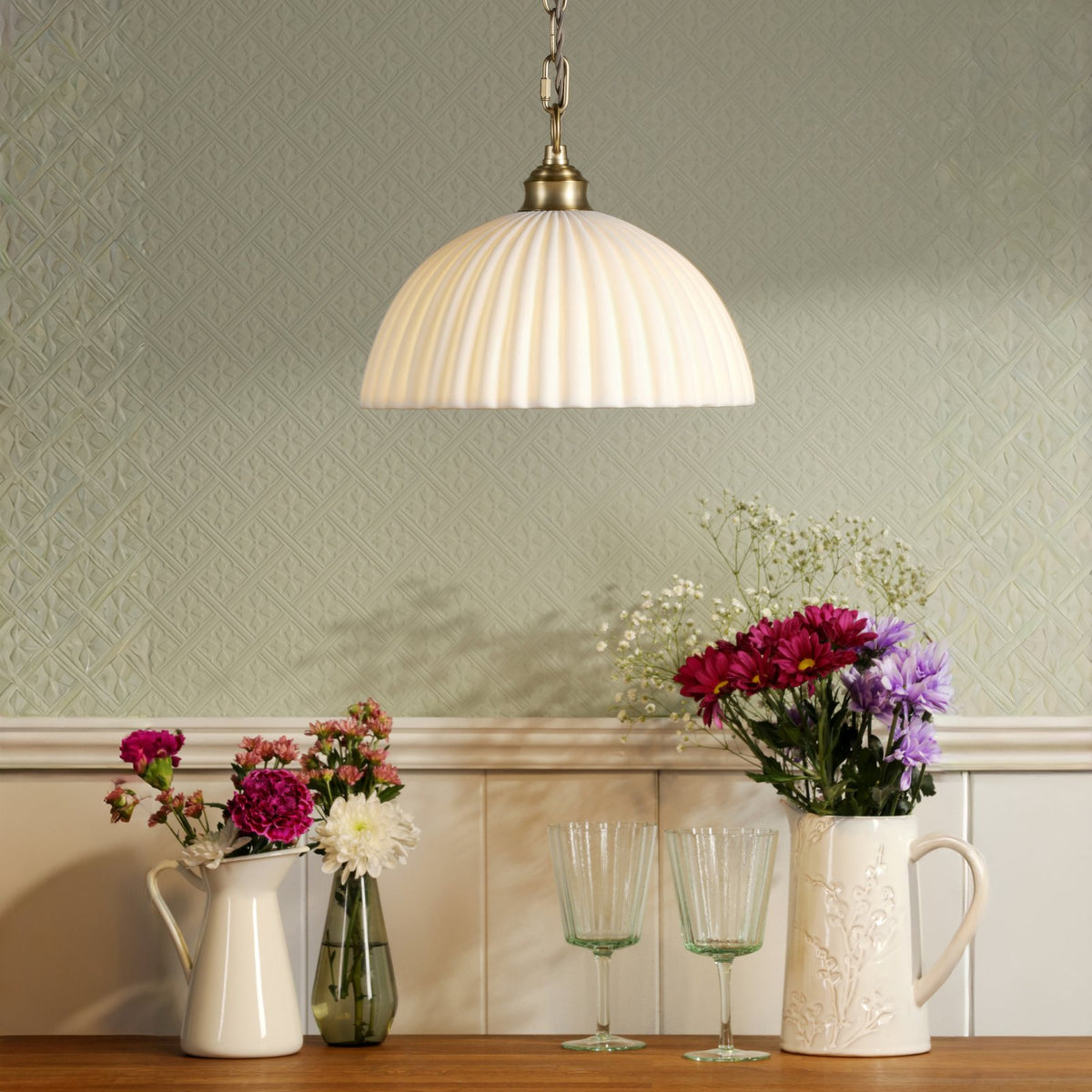 Laura Ashley Durford Large Pendant Matt Antique Brass and White LA3756726-Q