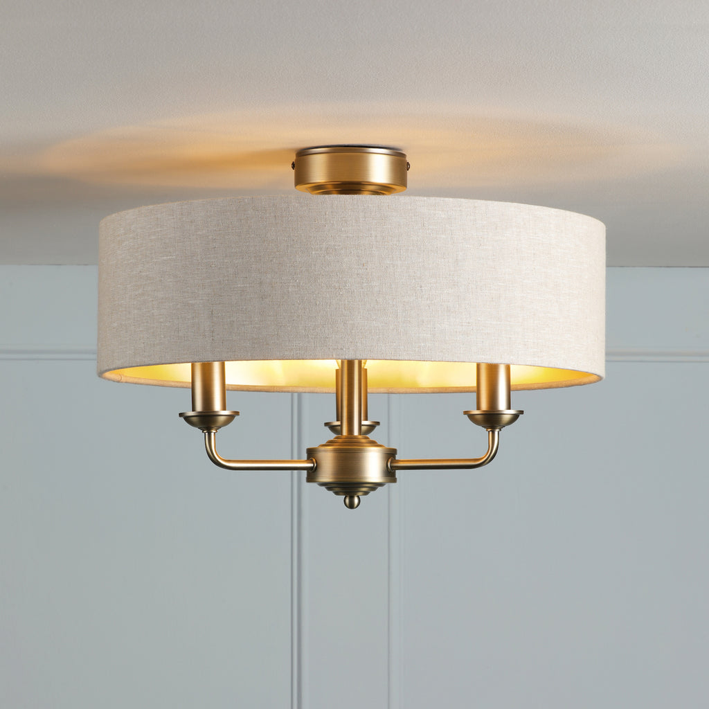 Laura Ashley Sorrento 3 Light Semi-Flush Matt Antique Brass With Natural Shade LA3756750-Q