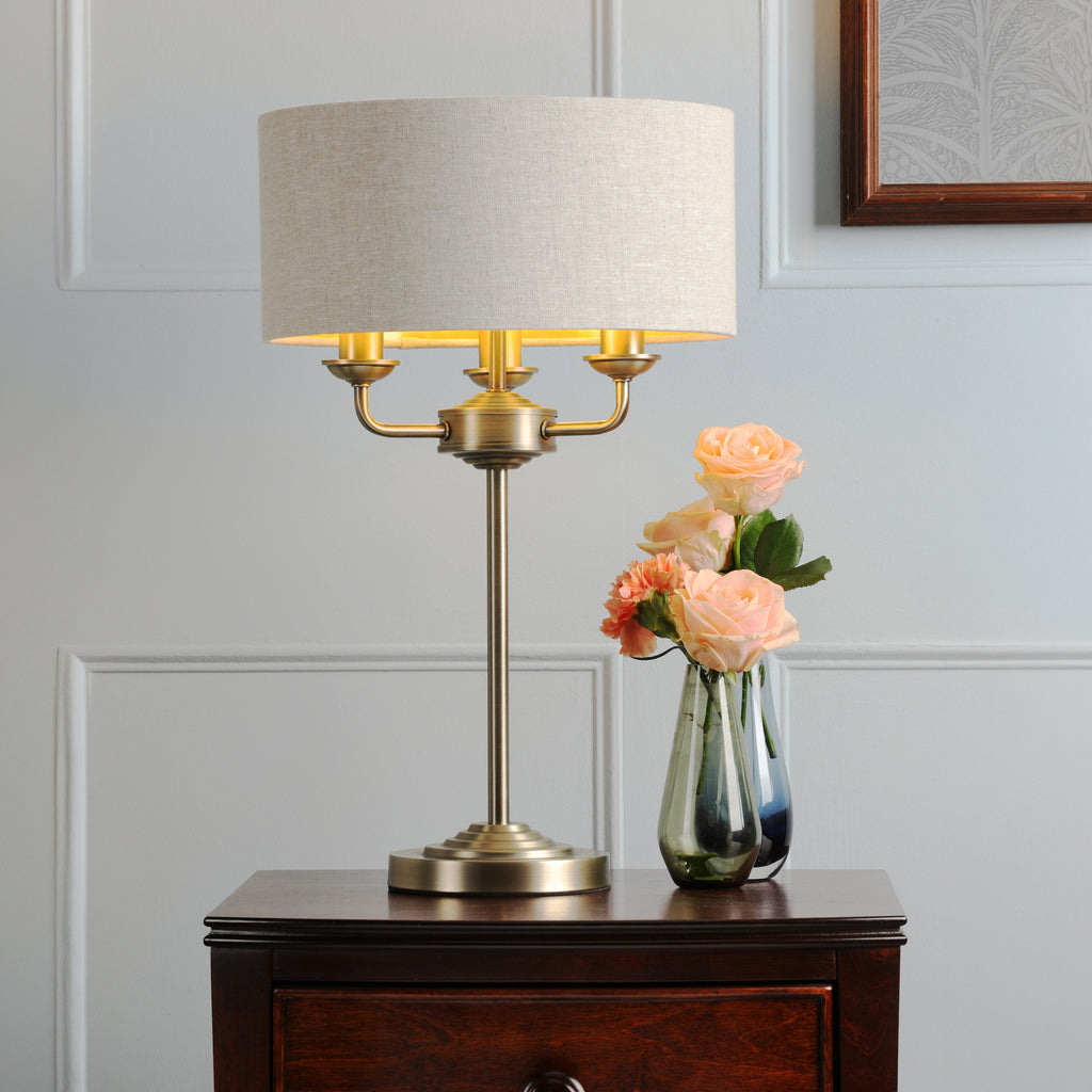 Laura Ashley Sorrento 3 Light Table Lamp Matt Antique Brass With Natural Shade LA3756754-Q