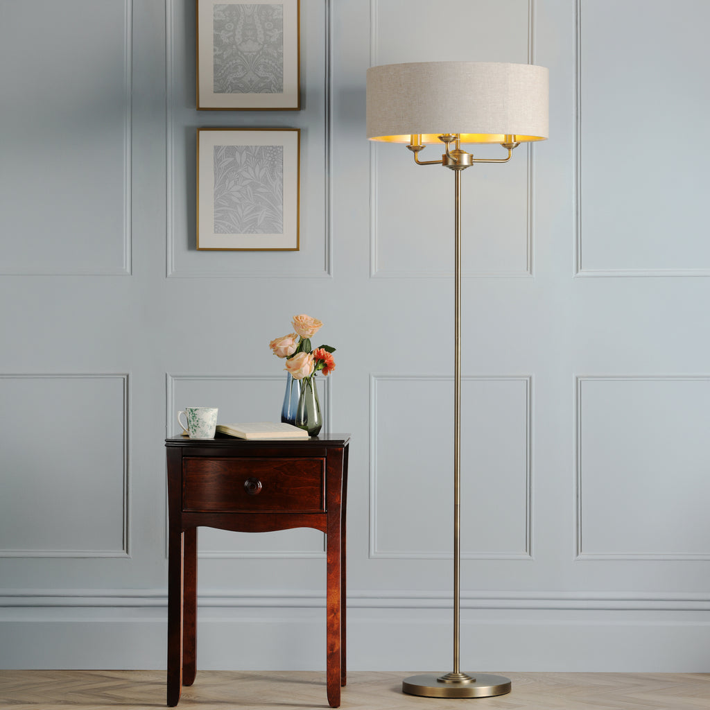 Laura Ashley Sorrento 3 Light Floor Lamp Matt Antique Brass With Natural Shade LA3756755-Q