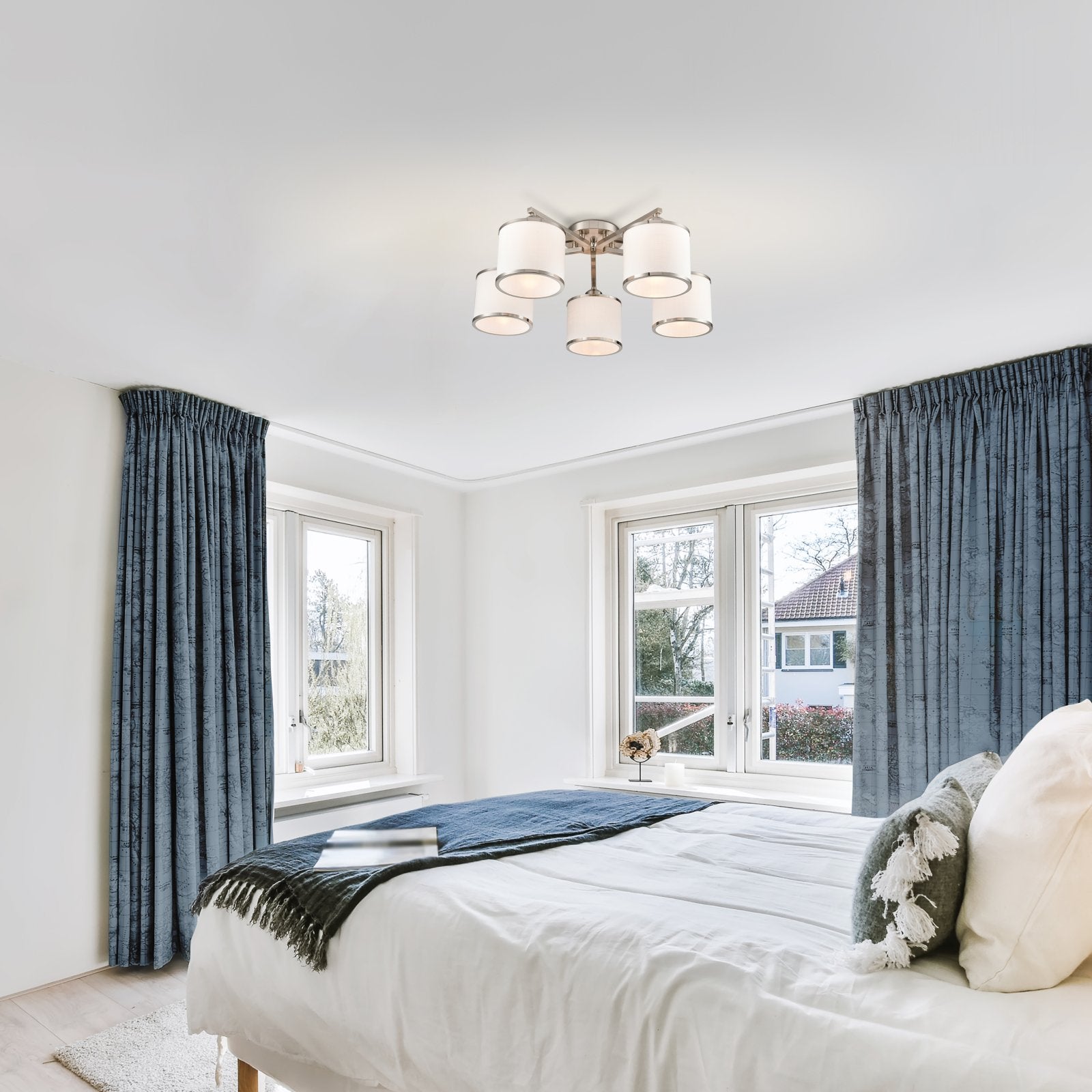 Franklite Sirius 5 Light Flush Ceiling Light In Satin Nickel With Off White Shade FL2495-5