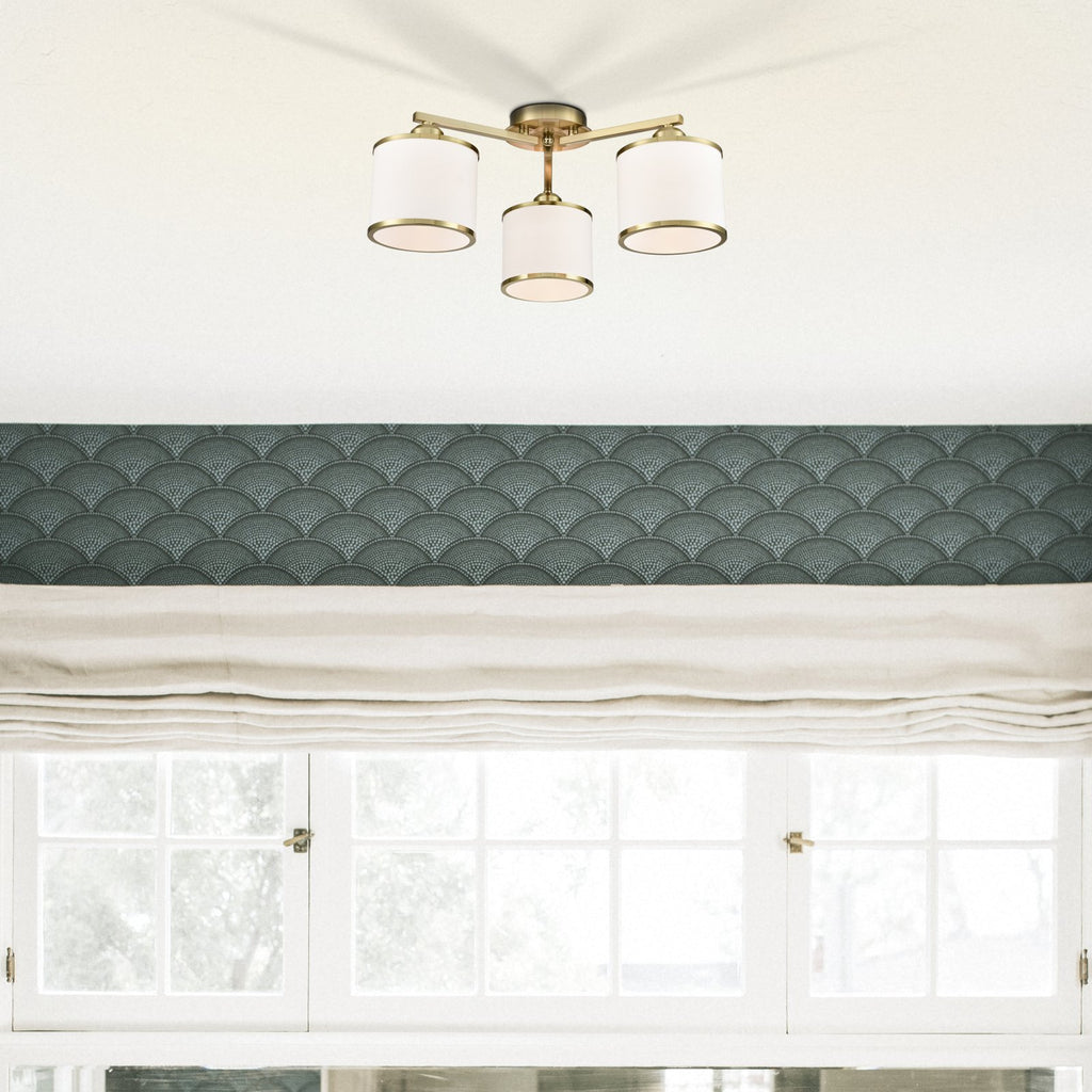 Franklite Sirius 3 Light Flush Ceiling Light In Aged Brass With Off White Shade FL2496-3
