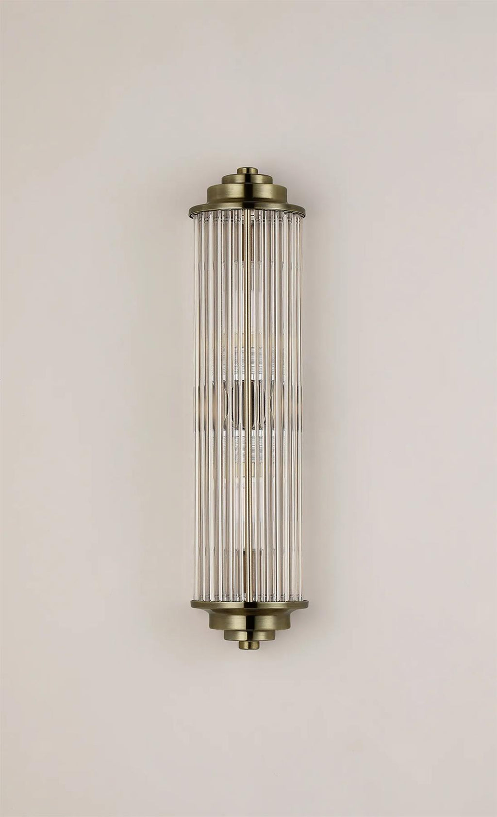 Pillar 2 Light Bathroom Wall Light In Antique Brass And Clear Glass Rods IP44 G9