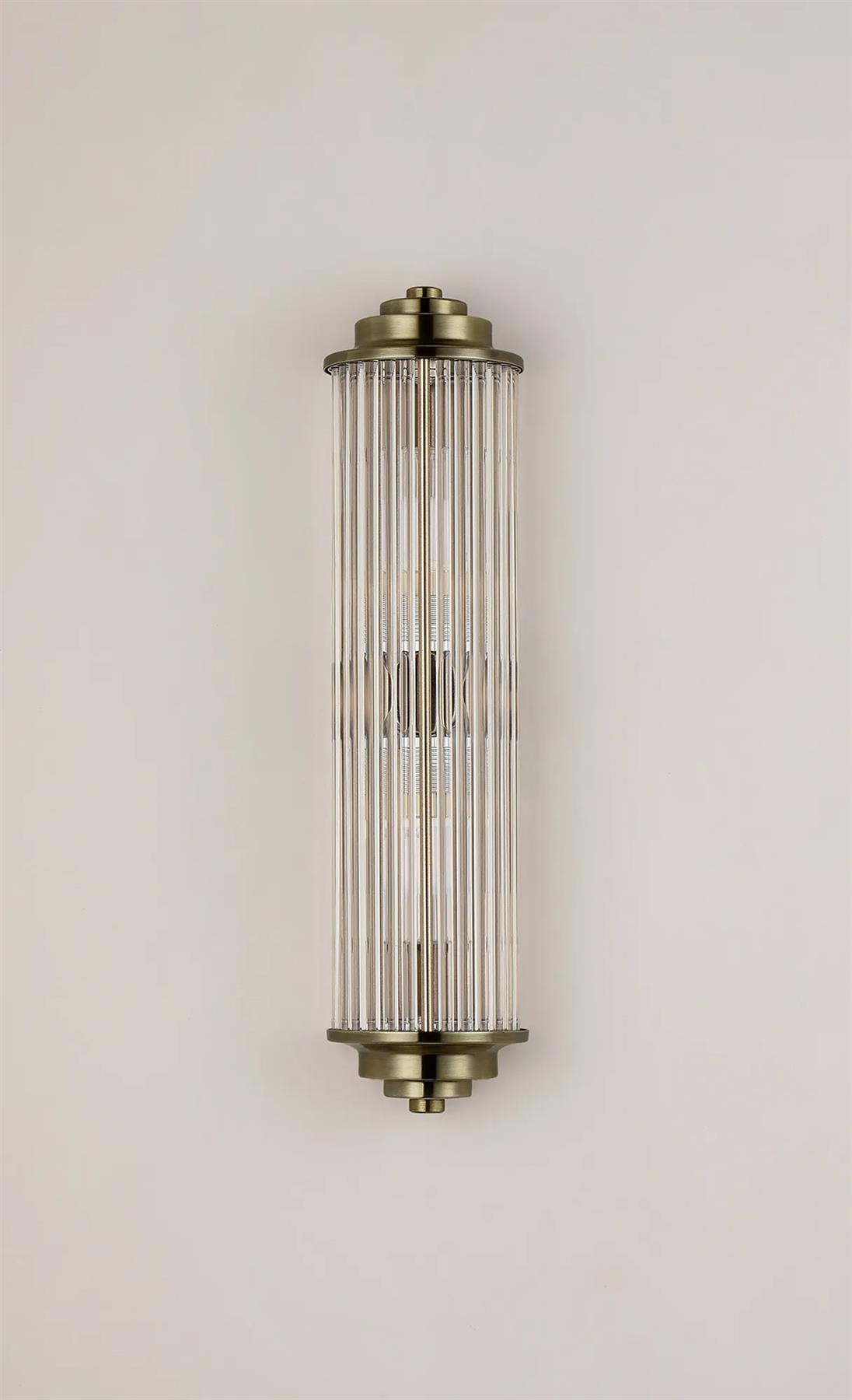 Pillar 2 Light Bathroom Wall Light In Antique Brass And Clear Glass Rods IP44 G9
