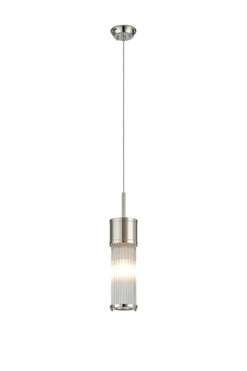 Pillar Bathroom Single Ceiling Pendant Light In Polished Nickel And Clear Glass Rods IP44 E14