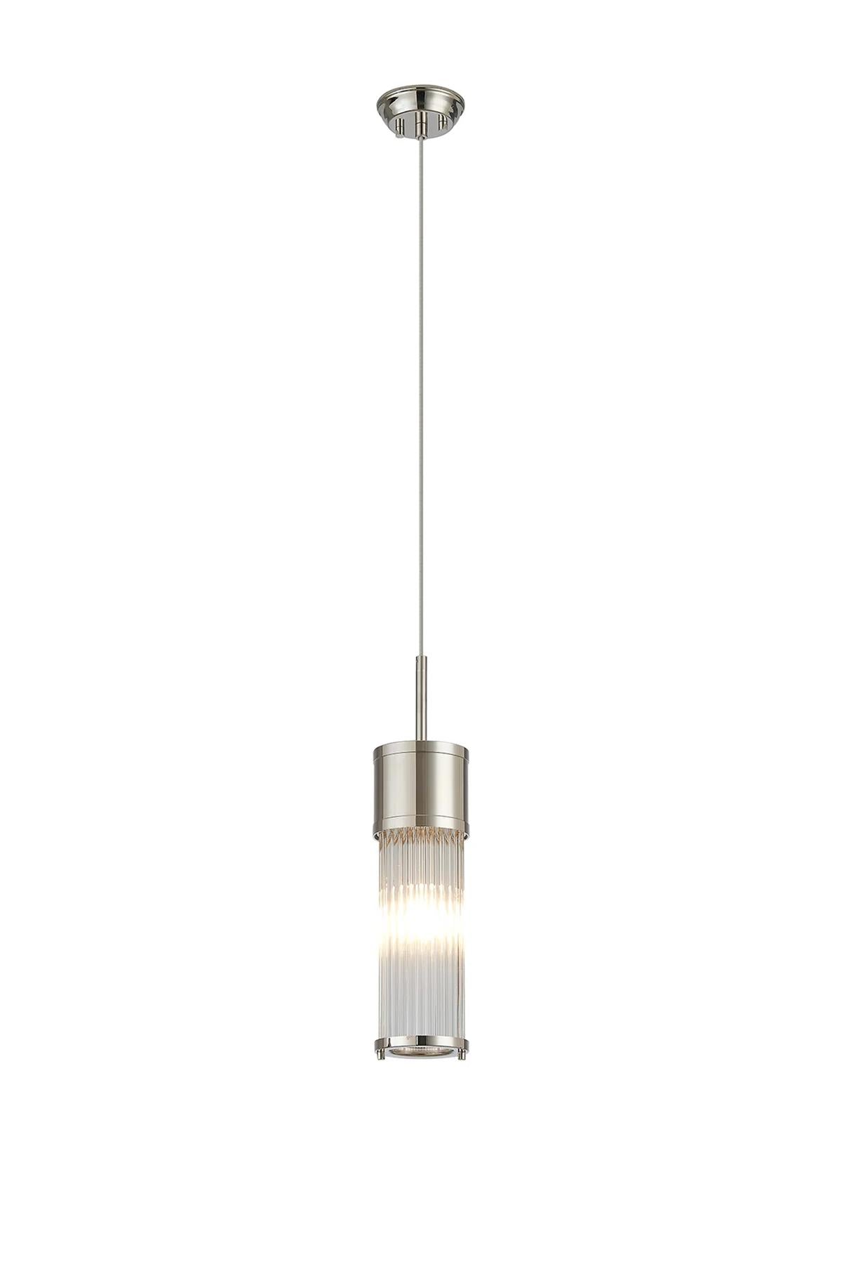 Pillar Bathroom Single Ceiling Pendant Light In Polished Nickel And Clear Glass Rods IP44 E14