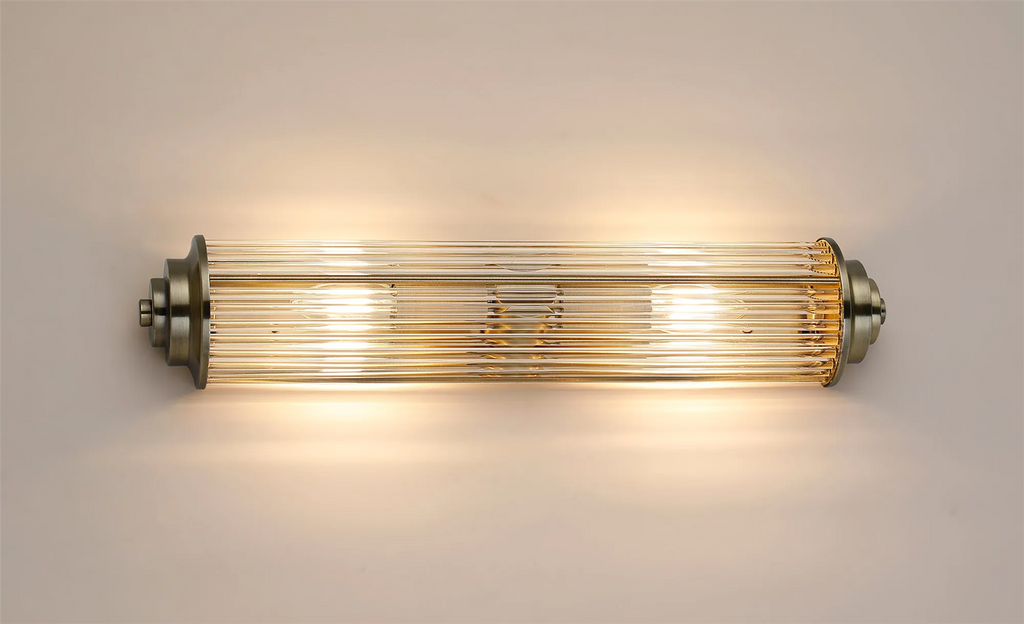Pillar 2 Light Bathroom Wall Light In Antique Brass And Clear Glass Rods IP44 E14