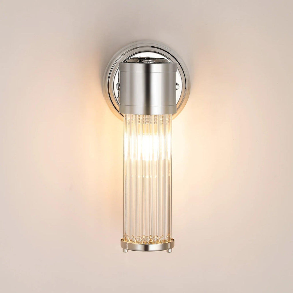 Pillar 1 Light Bathroom Wall Light In Polished Nickel And Clear Glass Rods IP44 E14