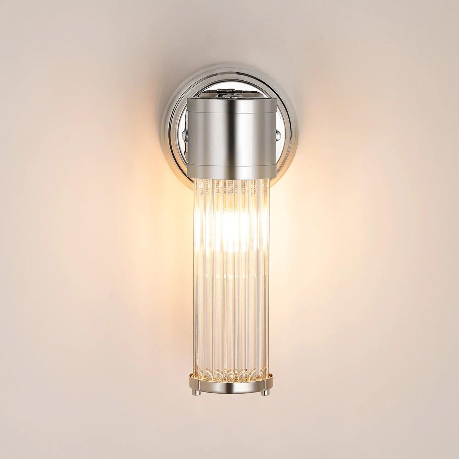 Pillar 1 Light Bathroom Wall Light In Polished Nickel And Clear Glass Rods IP44 E14