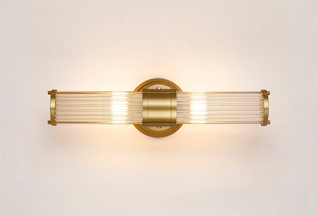 Pillar Up And Down 2 Light Bathroom Wall Light In Gold And Clear Glass Rods IP44 E14