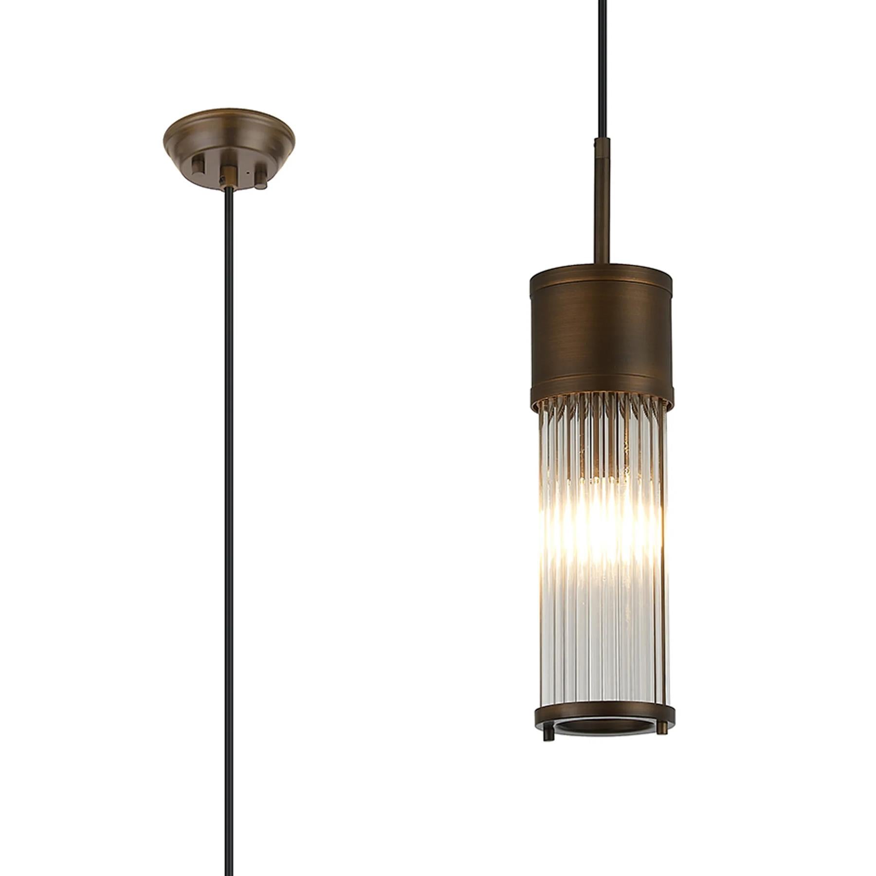 Pillar Bathroom Single Ceiling Pendant Light In Bronze And Clear Glass Rods IP44 E14