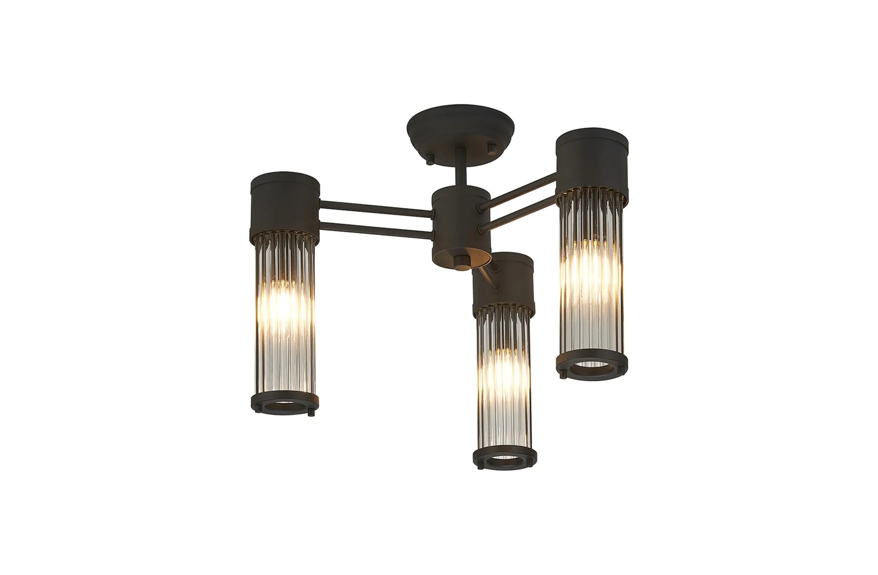 Pillar 3 Light Bathroom Semi Flush Ceiling Light In Satin Black And Clear Glass Rods IP44 E14
