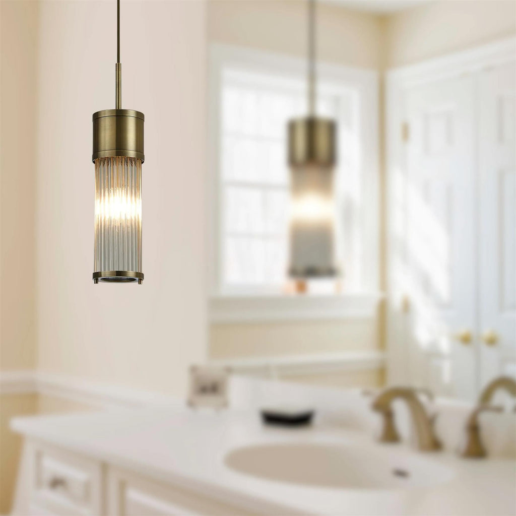 Pillar Bathroom Single Ceiling Pendant Light In Antique Brass And Clear Glass Rods IP44 E14