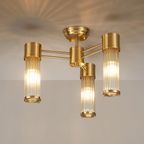Pillar 3 Light Bathroom Semi Flush Ceiling Light In Gold And Clear Glass Rods IP44 E14