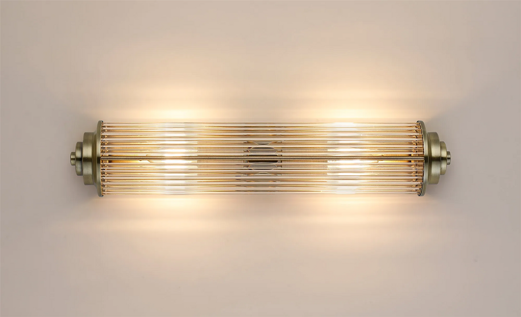Pillar 2 Light Bathroom Wall Light In Antique Brass And Clear Glass Rods IP44 E14
