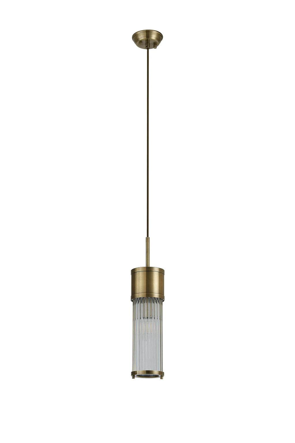 Pillar Bathroom Single Ceiling Pendant Light In Antique Brass And Clear Glass Rods IP44 E14