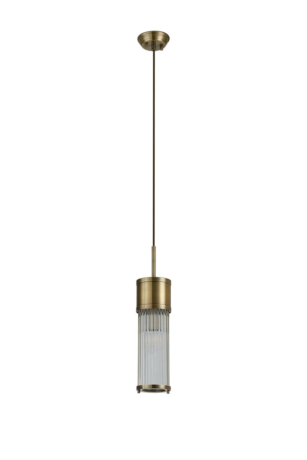 Pillar Bathroom Single Ceiling Pendant Light In Antique Brass And Clear Glass Rods IP44 E14
