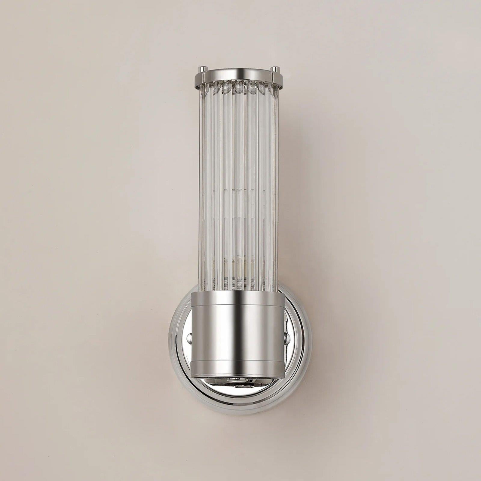 Pillar 1 Light Bathroom Wall Light In Polished Nickel And Clear Glass Rods IP44 E14