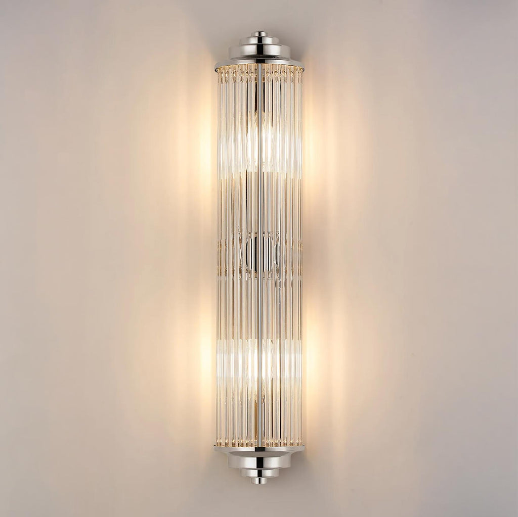 Pillar 2 Light Bathroom Wall Light In Polished Nickel And Clear Glass Rods IP44 E14