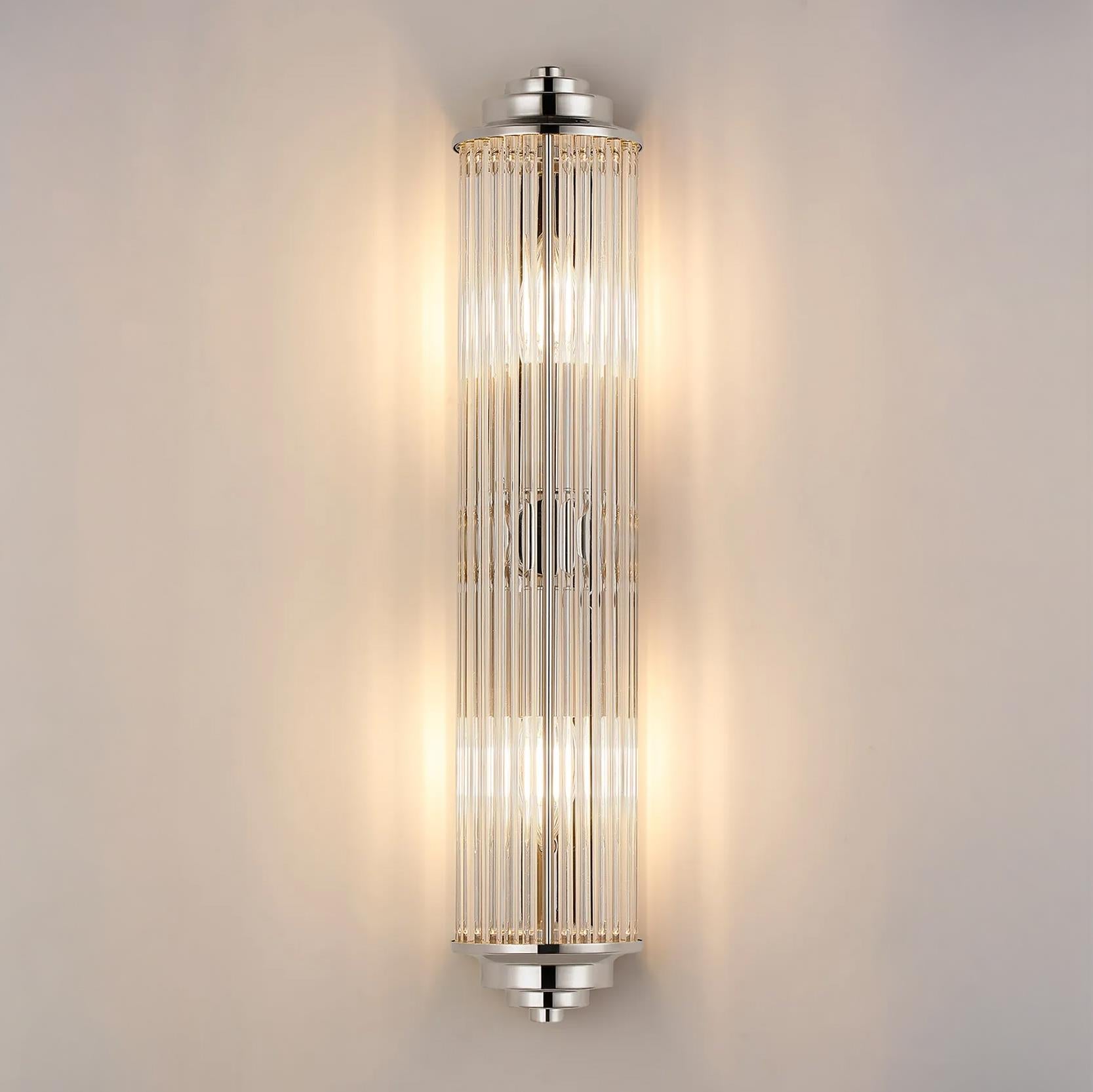 Pillar 2 Light Bathroom Wall Light In Polished Nickel And Clear Glass Rods IP44 E14