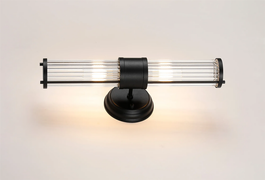 Pillar Up And Down 2 Light Bathroom Wall Light In Satin Black And Clear Glass Rods IP44 E14