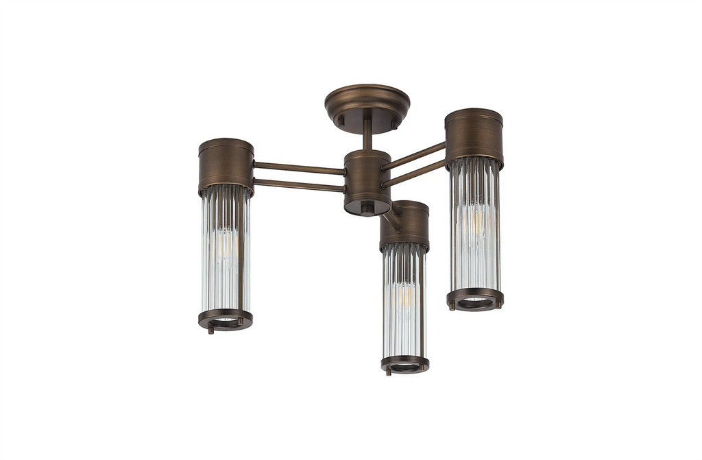 Pillar 3 Light Bathroom Semi Flush Ceiling Light In Bronze And Clear Glass Rods IP44 E14