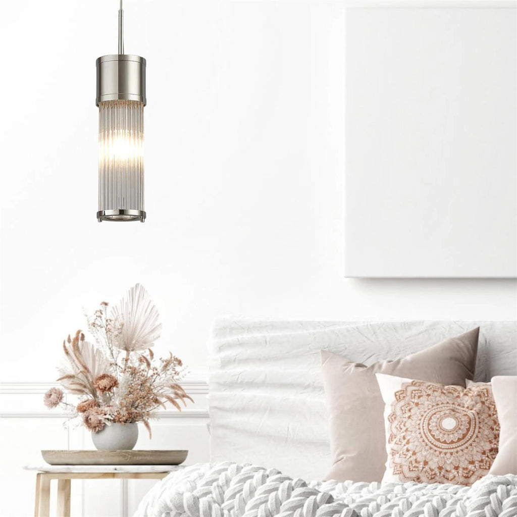 Pillar Bathroom Single Ceiling Pendant Light In Polished Nickel And Clear Glass Rods IP44 E14