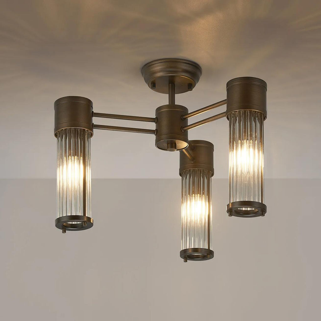 Pillar 3 Light Bathroom Semi Flush Ceiling Light In Bronze And Clear Glass Rods IP44 E14