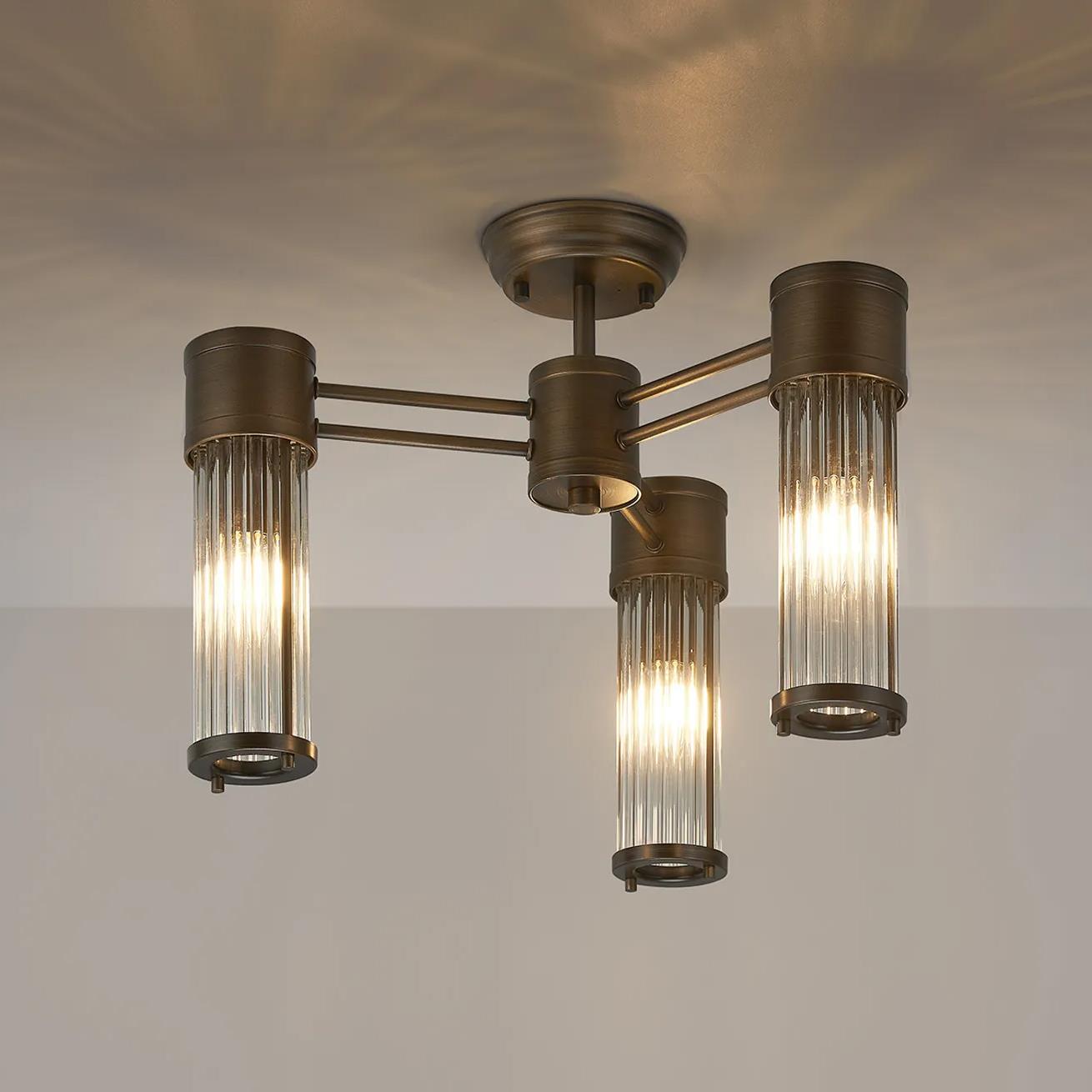 Pillar 3 Light Bathroom Semi Flush Ceiling Light In Bronze And Clear Glass Rods IP44 E14