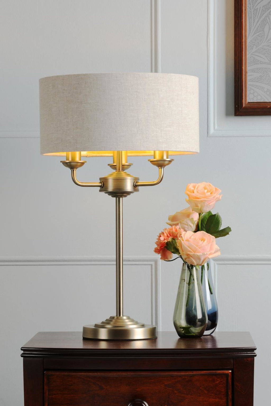 Laura Ashley Sorrento 3 Light Table Lamp Matt Antique Brass With Natural Shade LA3756754-Q