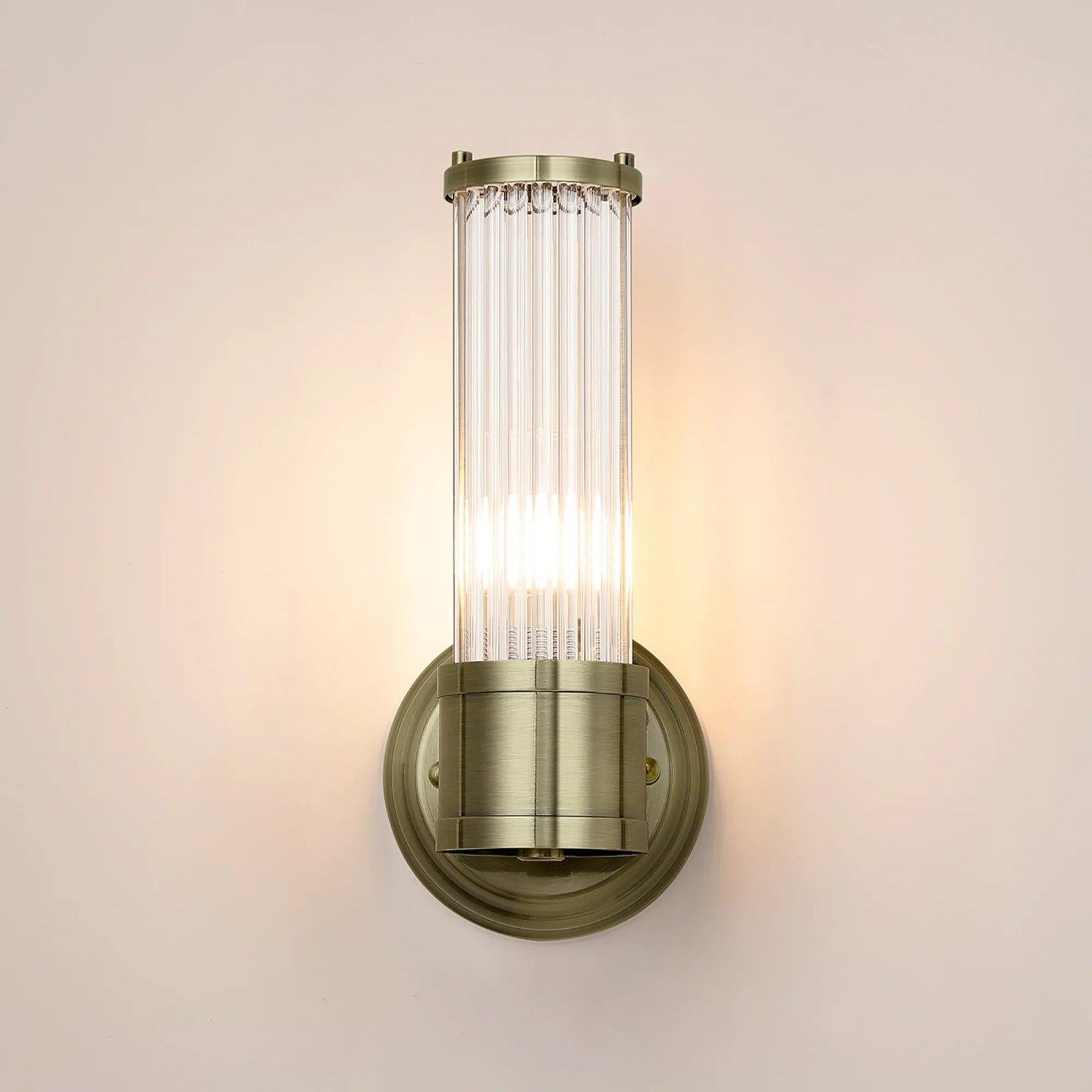 Pillar 1 Light Bathroom Wall Light In Antique Brass And Clear Glass Rods IP44 E14