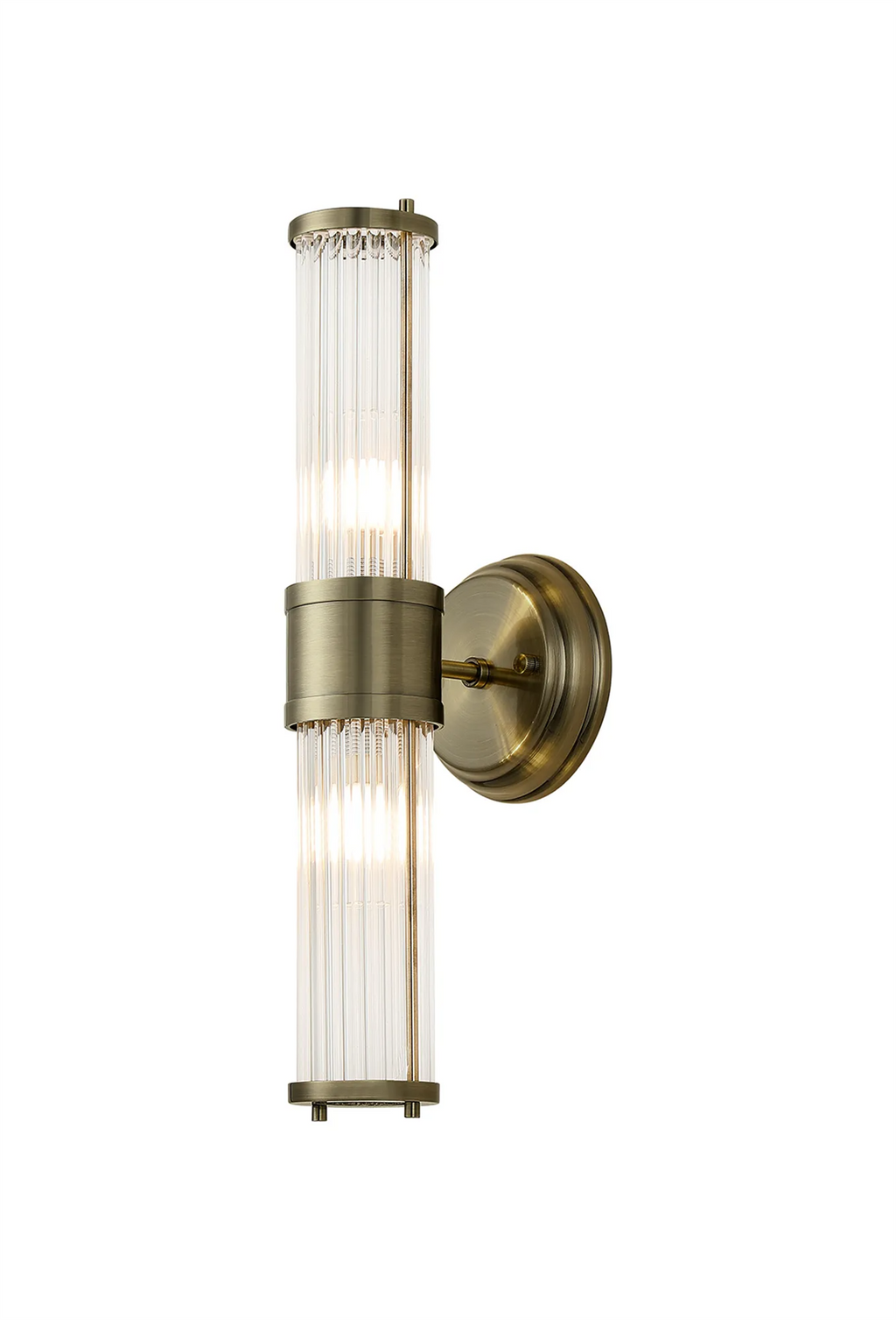 Pillar Up And Down 2 Light Bathroom Wall Light In Antique Brass And Clear Glass Rods IP44 E14