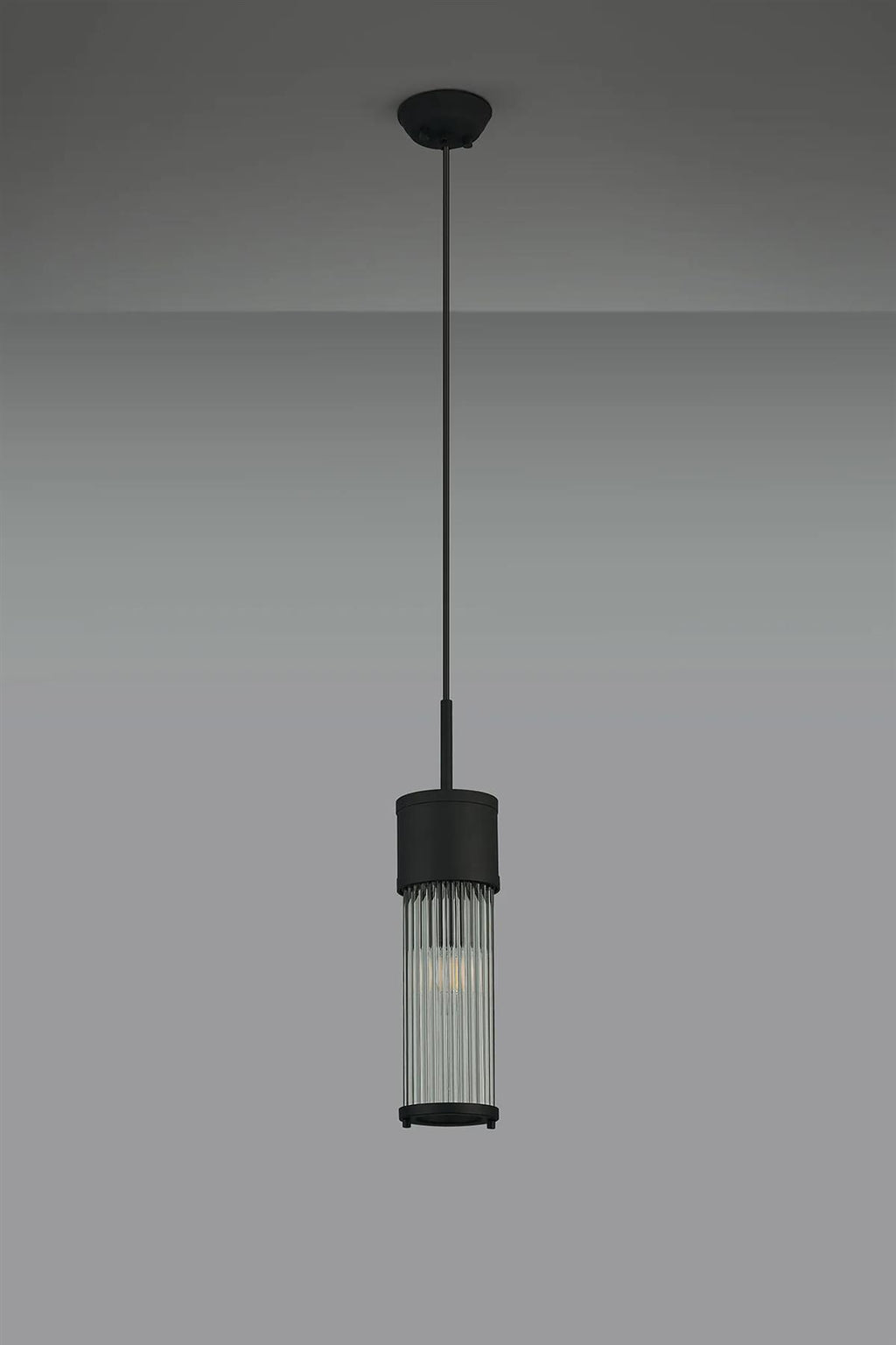 Pillar Bathroom Single Ceiling Pendant Light In Satin Black And Clear Glass Rods IP44 E14