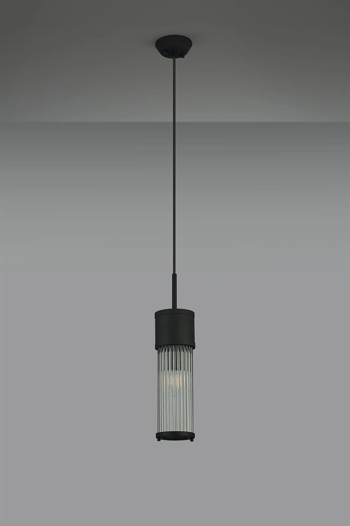 Pillar Bathroom Single Ceiling Pendant Light In Satin Black And Clear Glass Rods IP44 E14