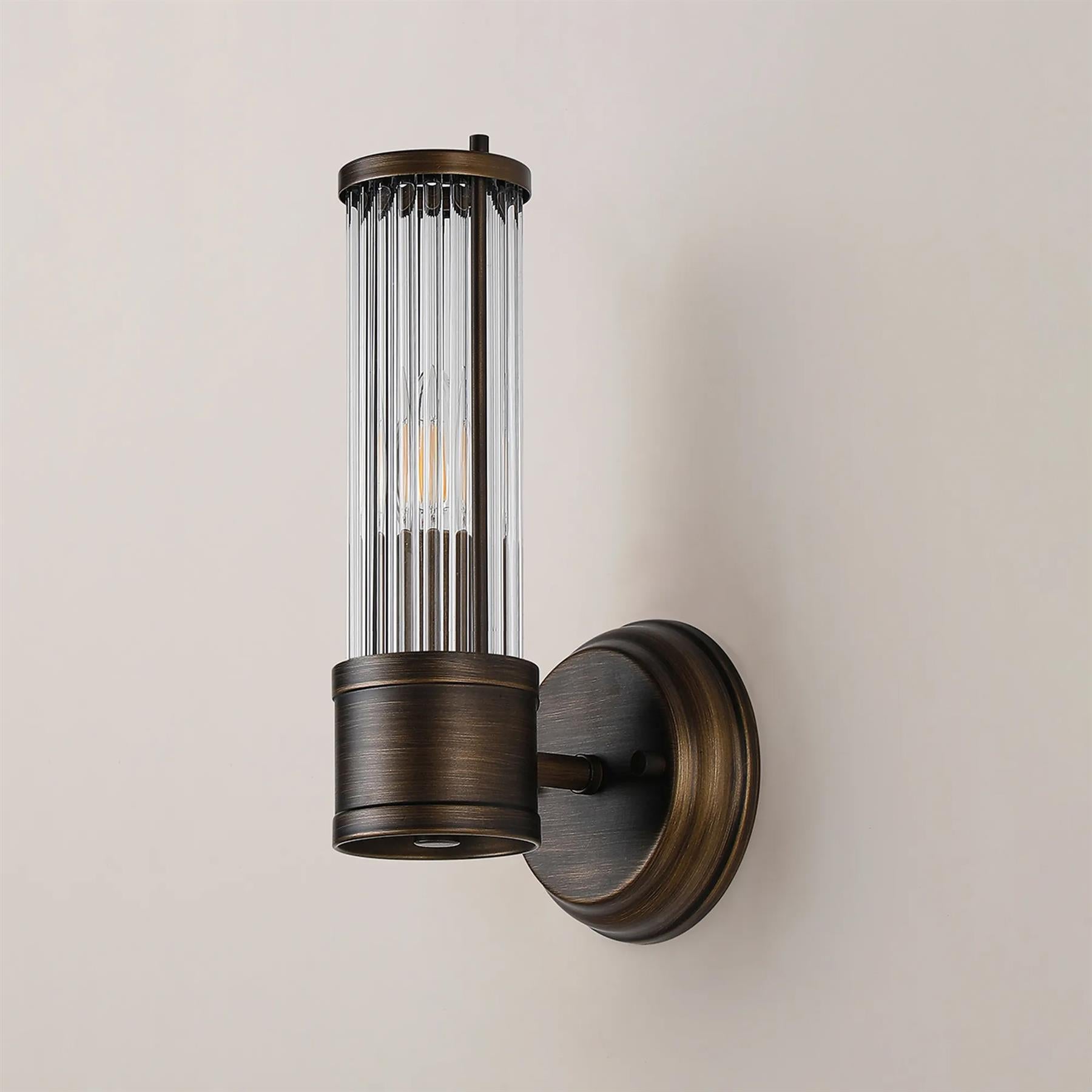 Pillar 1 Light Bathroom Wall Light In Bronze And Clear Glass Rods IP44 E14