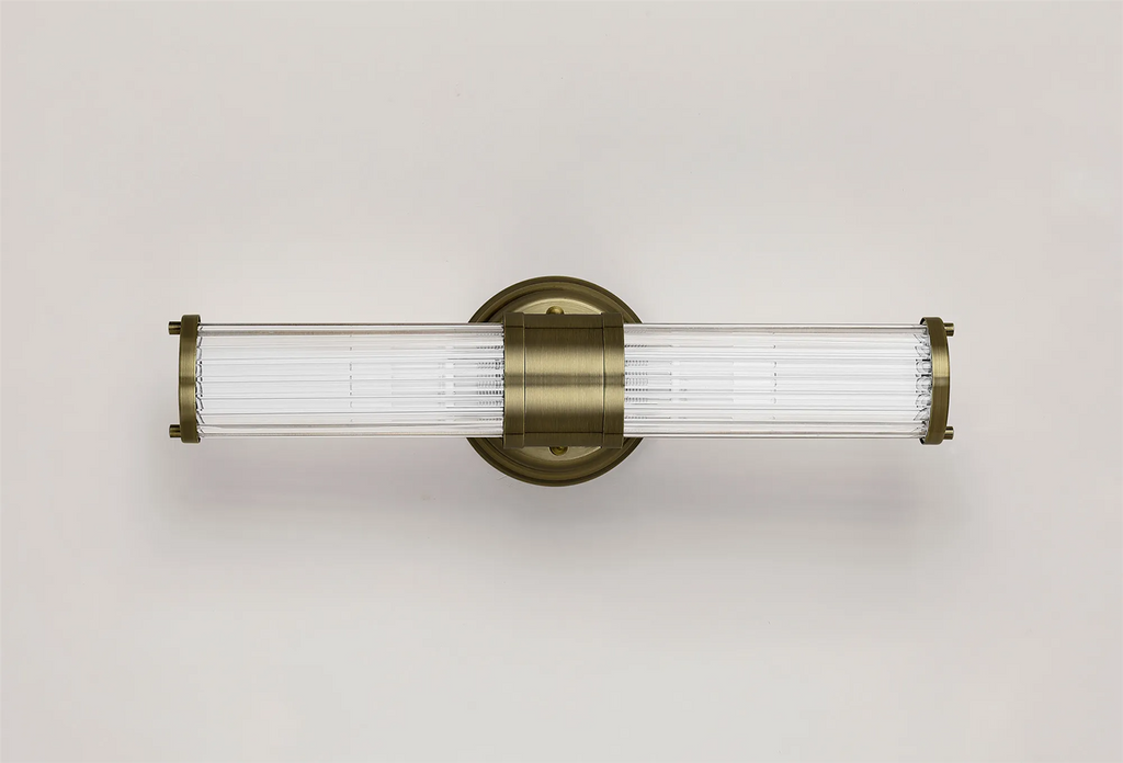 Pillar Up And Down 2 Light Bathroom Wall Light In Antique Brass And Clear Glass Rods IP44 E14