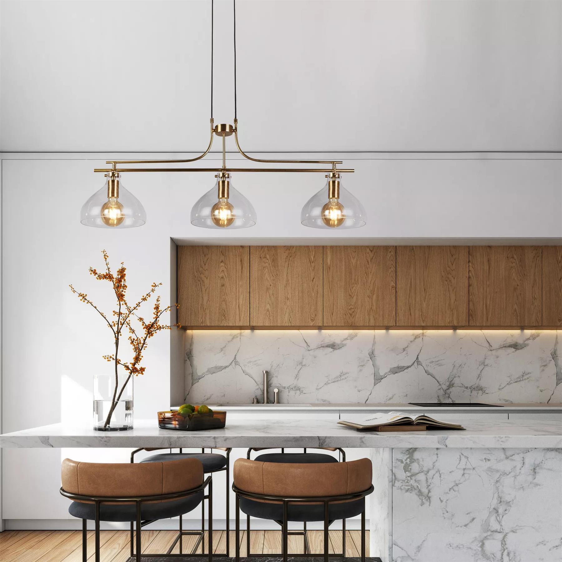 Margarita 3 Light Bar Ceiling Pendant Light In Brass Finish With Clear Glass Shades 31031-3PB