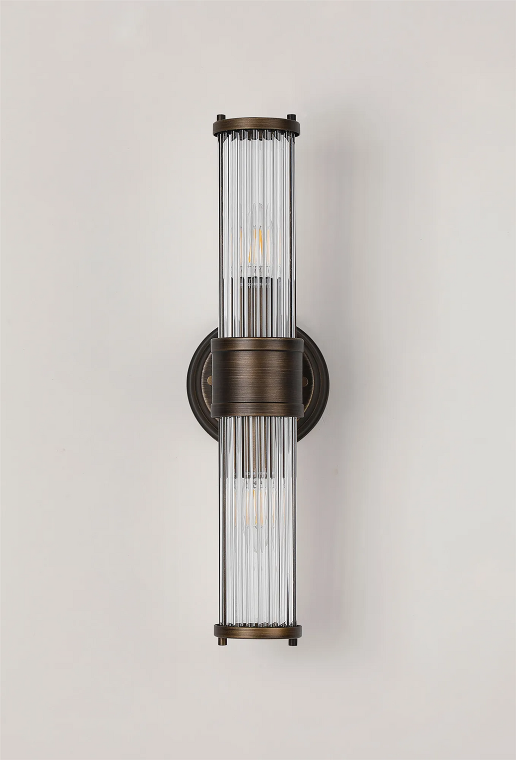 Pillar Up And Down 2 Light Bathroom Wall Light In Bronze And Clear Glass Rods IP44 E14