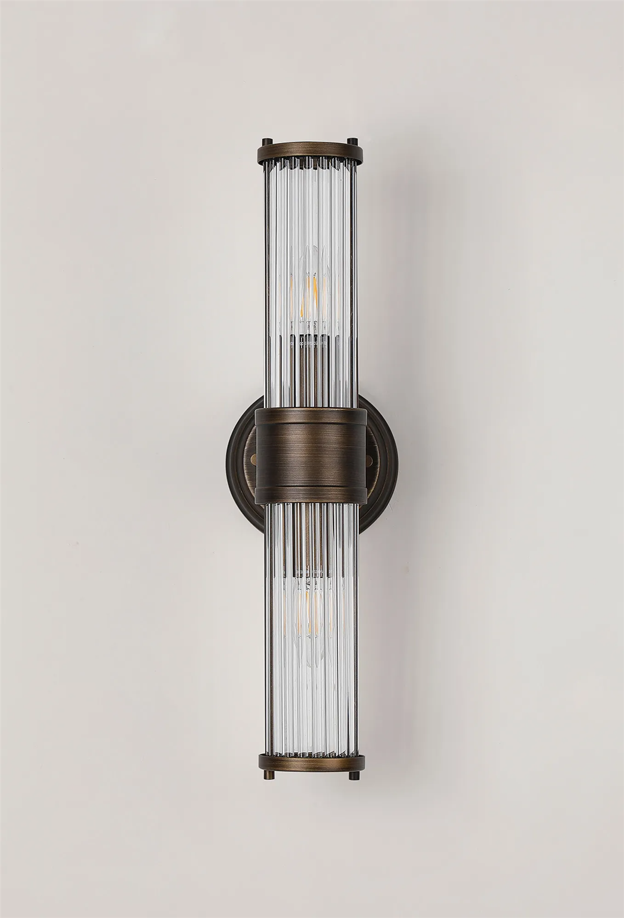 Pillar Up And Down 2 Light Bathroom Wall Light In Bronze And Clear Glass Rods IP44 E14
