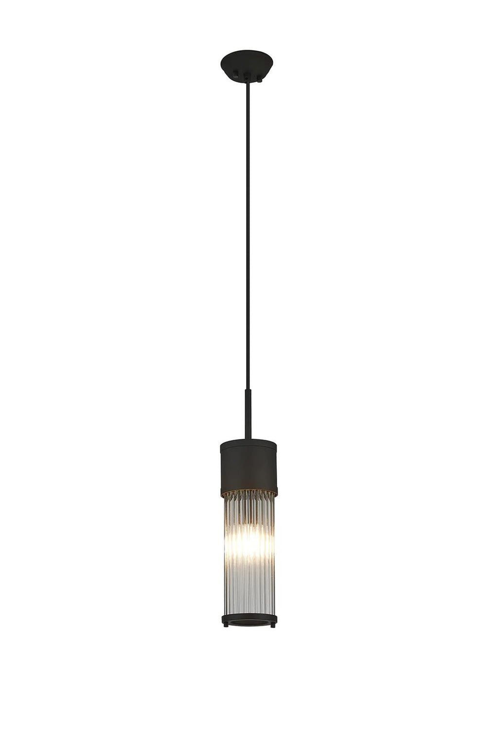 Pillar Bathroom Single Ceiling Pendant Light In Satin Black And Clear Glass Rods IP44 E14