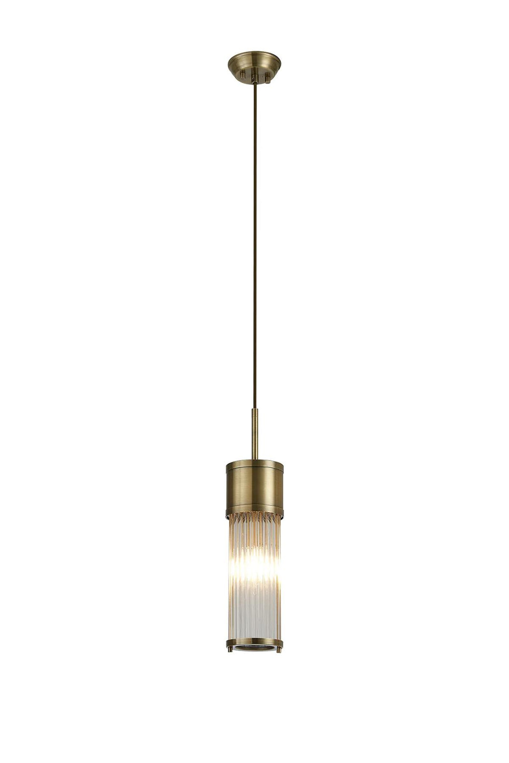 Pillar Bathroom Single Ceiling Pendant Light In Antique Brass And Clear Glass Rods IP44 E14