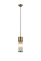 Pillar Bathroom Single Ceiling Pendant Light In Antique Brass And Clear Glass Rods IP44 E14