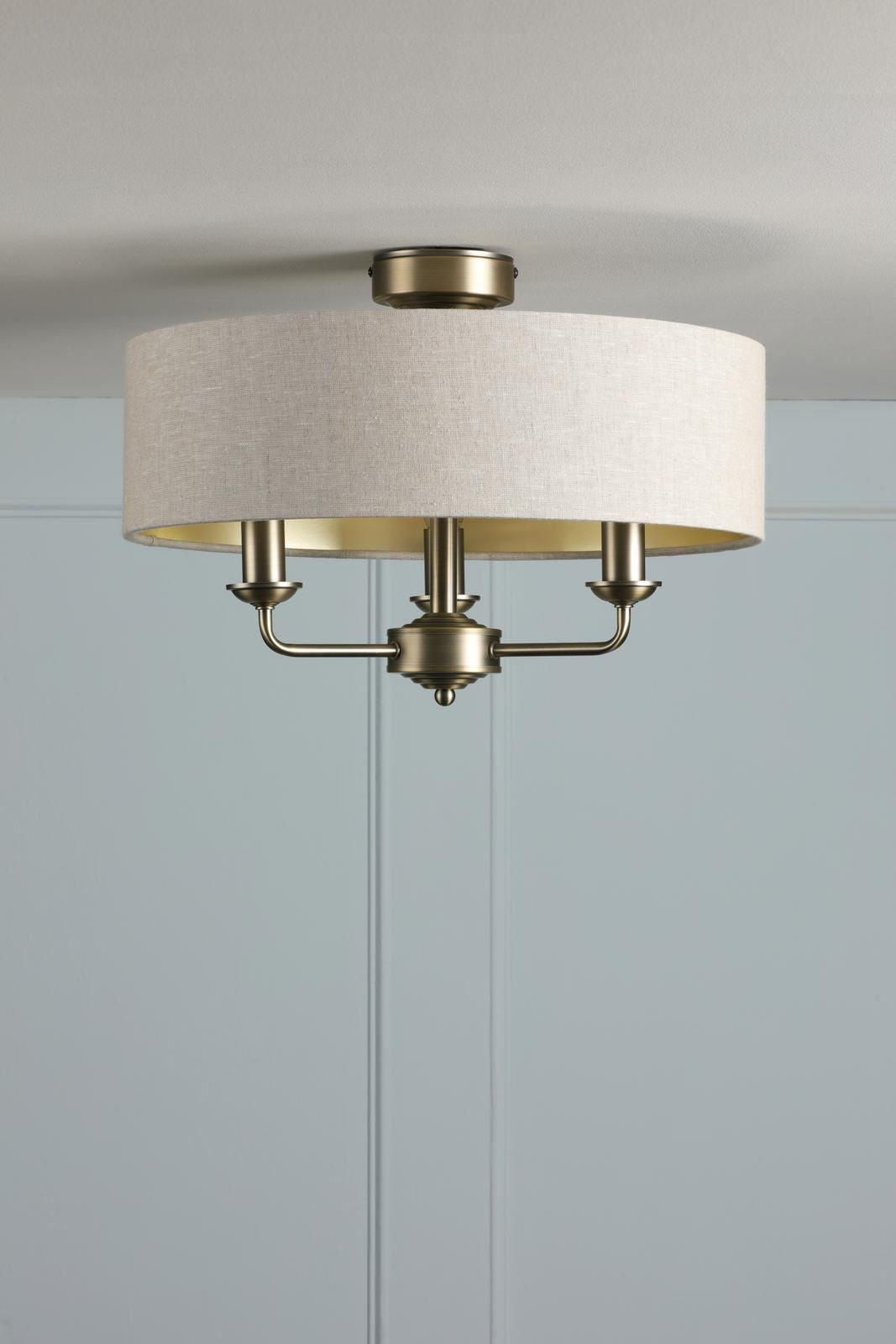 Laura Ashley Sorrento 3 Light Semi-Flush Matt Antique Brass With Natural Shade LA3756750-Q