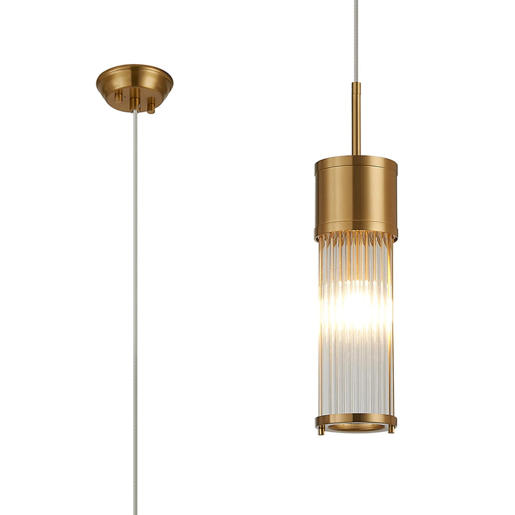 Pillar Bathroom Single Ceiling Pendant Light In Gold And Clear Glass Rods IP44 E14