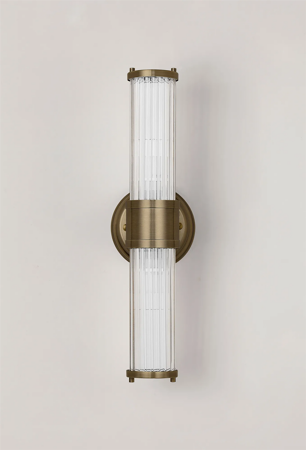 Pillar Up And Down 2 Light Bathroom Wall Light In Antique Brass And Clear Glass Rods IP44 E14