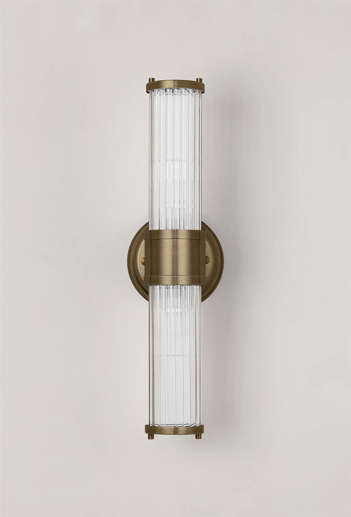 Pillar Up And Down 2 Light Bathroom Wall Light In Antique Brass And Clear Glass Rods IP44 E14