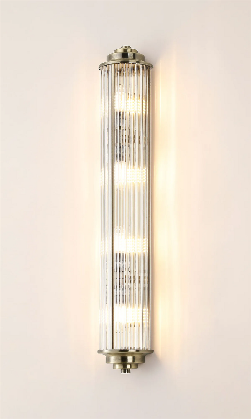 Pillar 4 Light Bathroom Wall Light In Antique Brass And Clear Glass Rods IP44 G9