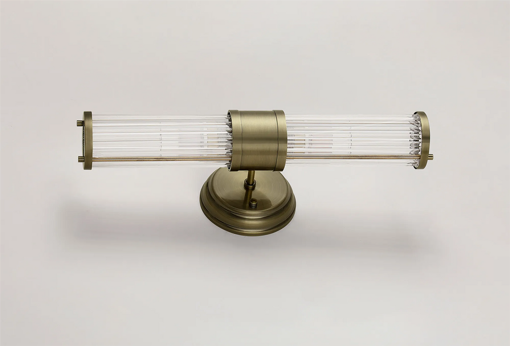 Pillar Up And Down 2 Light Bathroom Wall Light In Antique Brass And Clear Glass Rods IP44 E14